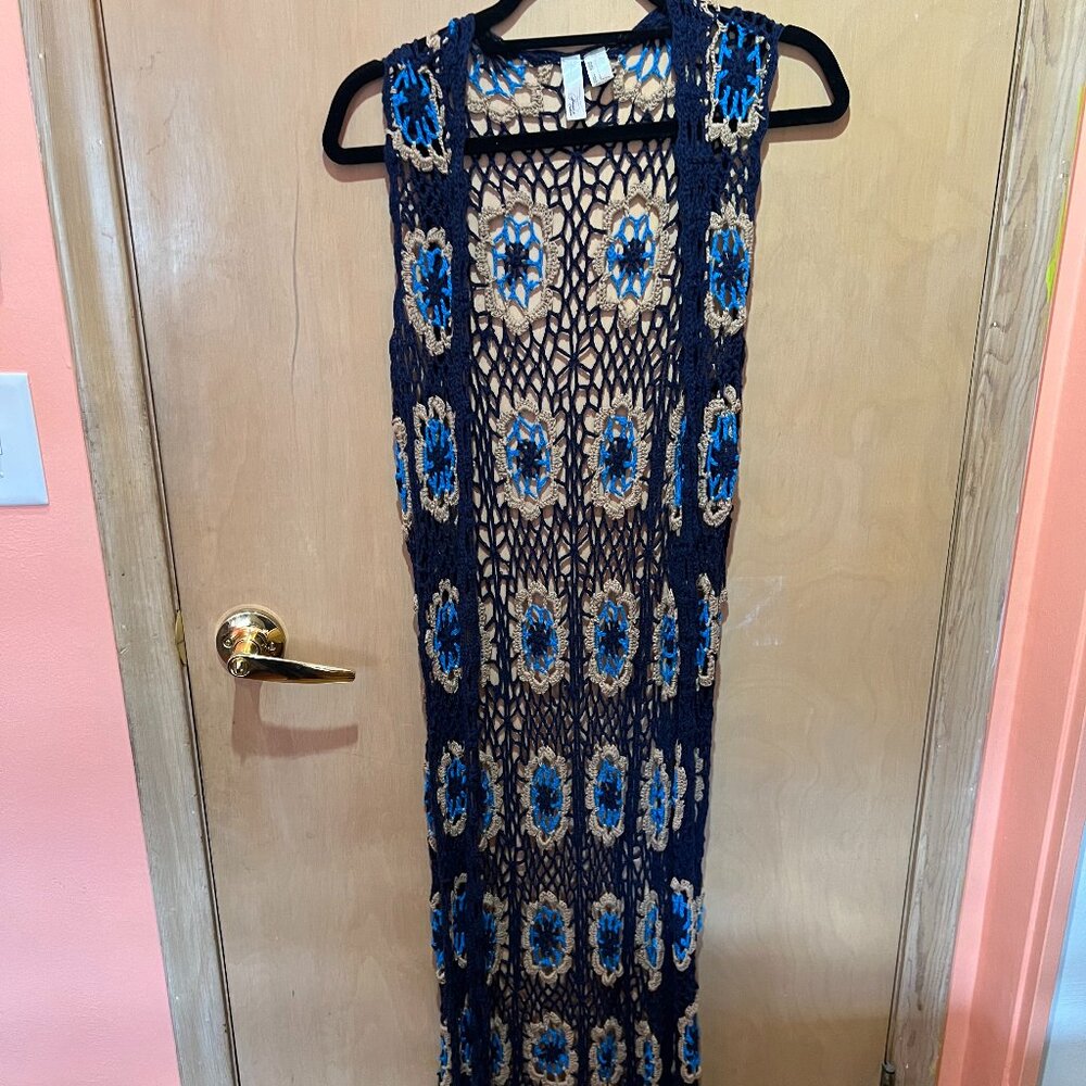 knit long vest, S, blues